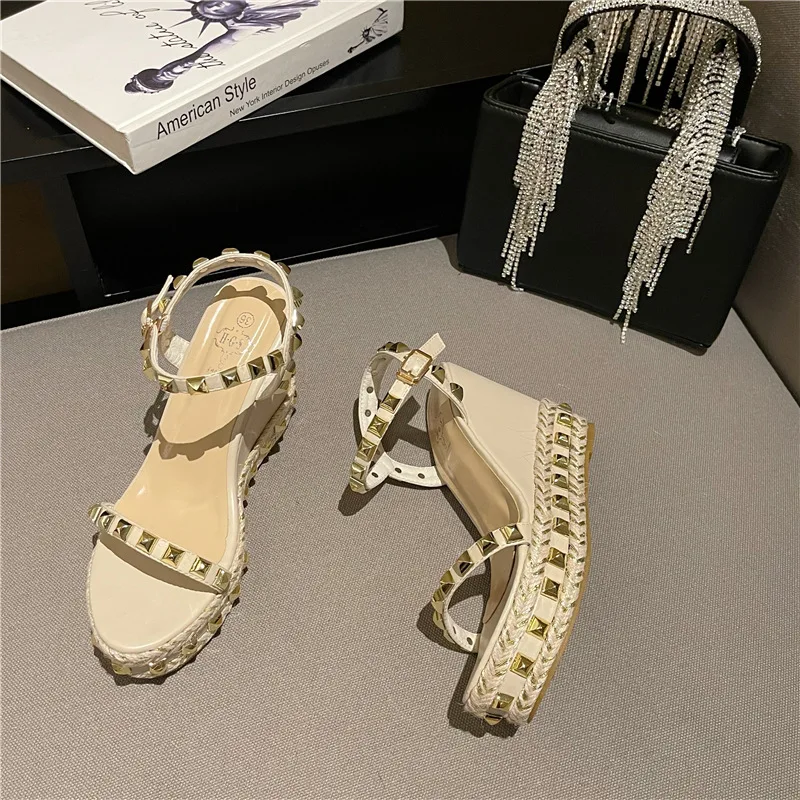 

Comfort Shoes for Women Luxury Sandals 2021 Summer High Heels Clogs Wedge Suit Female Beige Buckle Strap Fashion High-heeled Vel