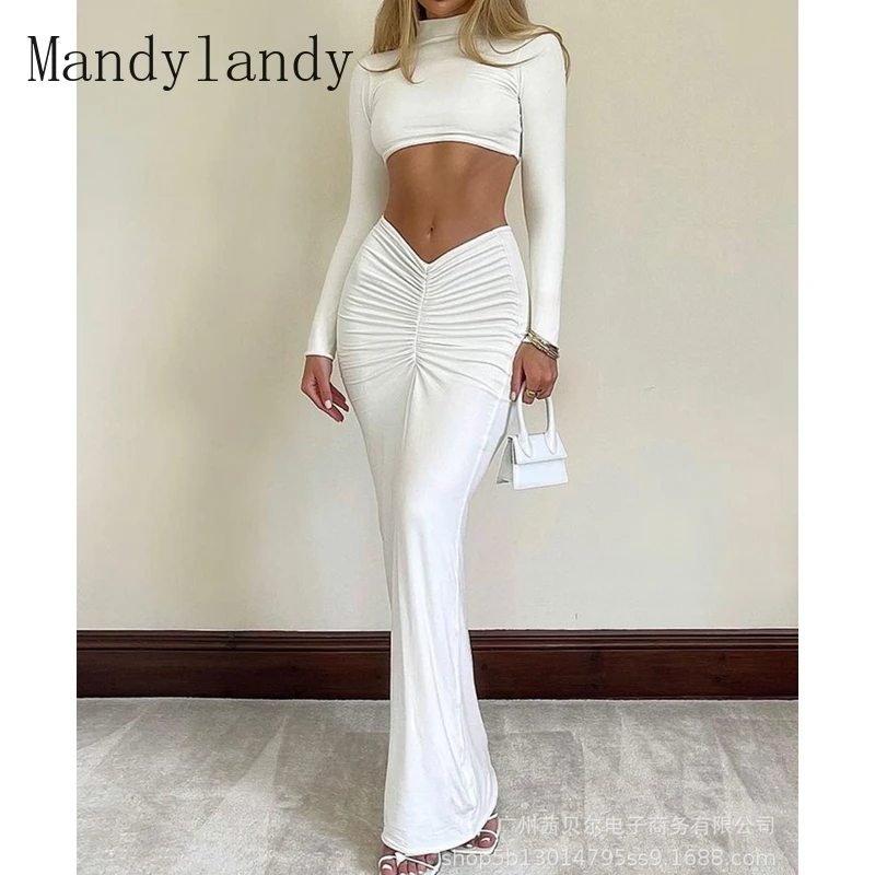 

Mandylandy Autumn Long Sleeve Turtleneck Top + Mid-Waist Pleated Skirt Suit Women's Sexy Slim-Fit Solid Color Two-Piece Suit