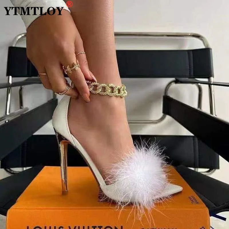 

Summer Fashion Pointed Closed Toe Heels Sexy Womans High Heels Sandals Luxury Shoes Women Designers Feather Heels Female