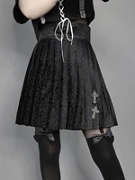 original design dark black gothic ribbon pleated skirt punk japanese jk mini high waist skirt