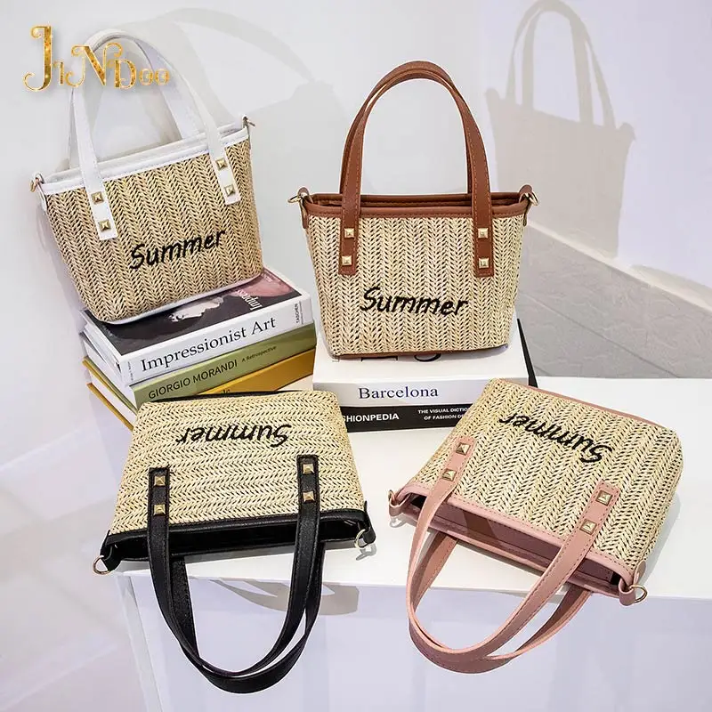 Straw Women Crossbody Bag Vintage Rivent Bucket Handbag For Women Summer Beach Shoulder Pack Bohemia Lady Wide Strap Purse Femme
