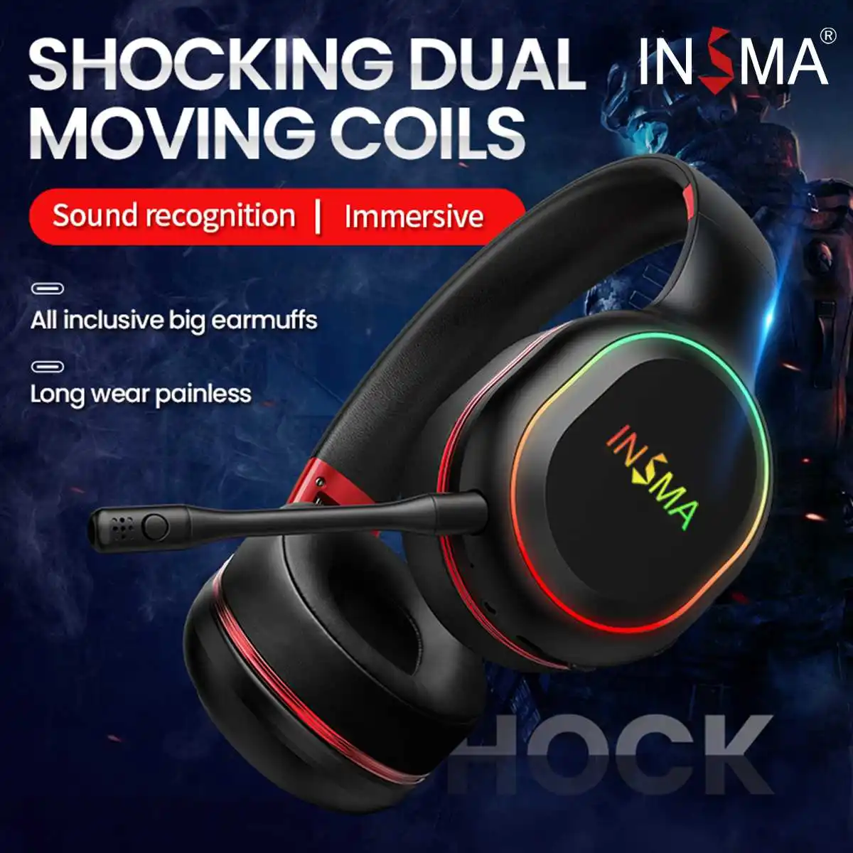 INSMA Wireless bluetooth Over-Ear Headphones Colorful RGB LED Light Foldable 40Hours Gaming Headset with Mic For Gamer PC Phones