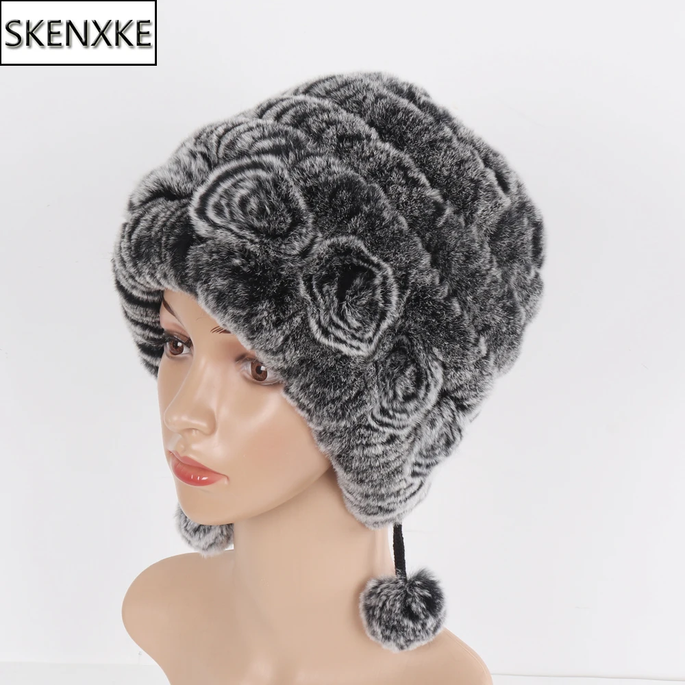 

Winter Outdoor Knitted Ladies 100% Natural Real Rex Rabbit Fur Hats Women Warm Fluffy Genuine Fur Hat Russian Female Elastic Cap