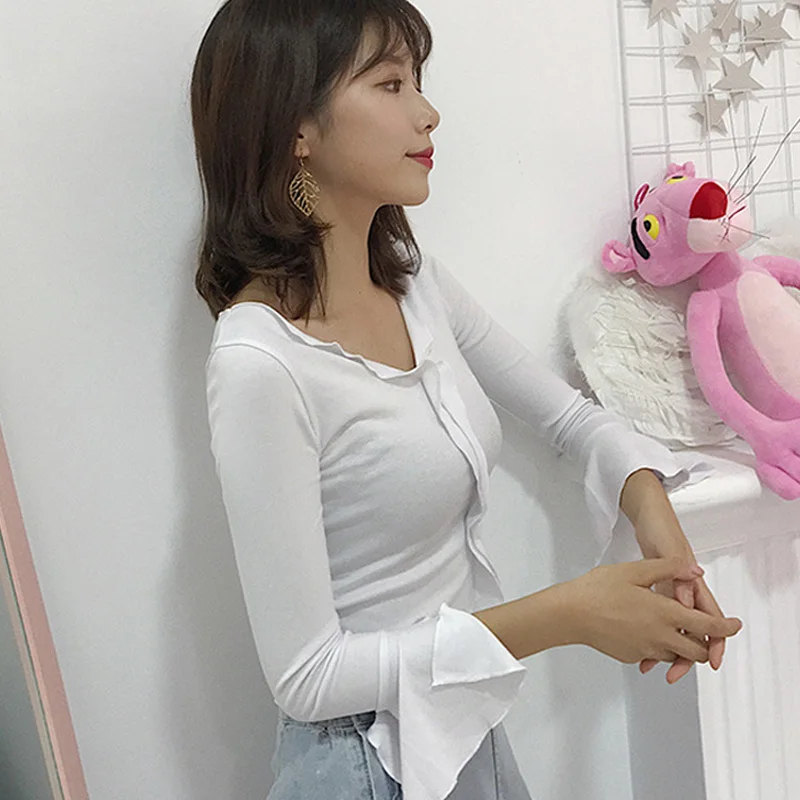 Осенняя шифоновая женская футболка с длинным рукавом и v-образным вырезом