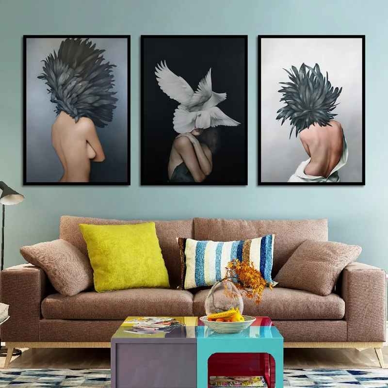 

Modern Posters and Prints Flowers Feather Women Print Oil Painting Canvas Wall Art Pictures for Living Room Home Decoration