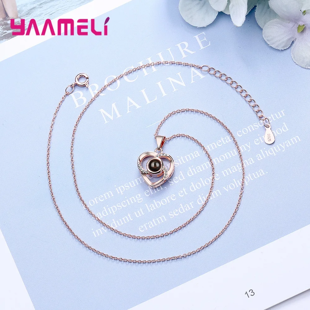

Promotion Sterling Silver 925 Heart Pendant Women Necklace Collar Cubic Zircon Natural Stone 100 Languages of I LOVE YOU Jewelry