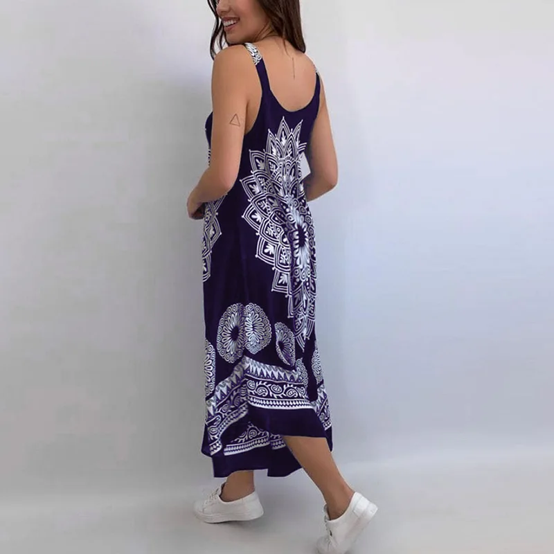 

Women Sexy Backless Sleeveless Loose Beach Dress Summer Vintage Print Long A-Line Dresses Elegant Casual Strap Dress Vestido 3XL