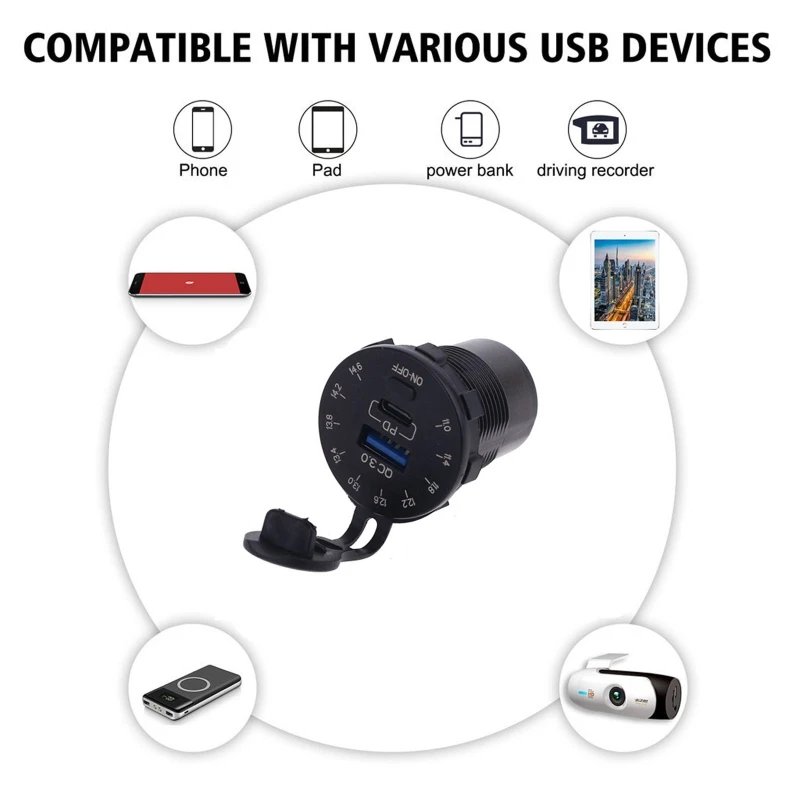 Водонепроницаемое быстрое зарядное устройство 12 В QC3.0 USB 18 Вт Тип C PD