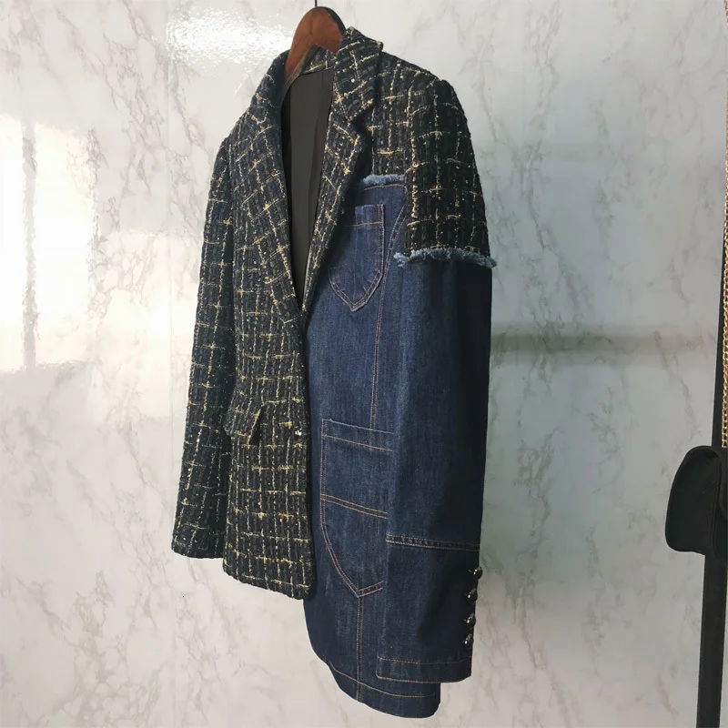 TWOTWINSTYLE, хит, цветной, клетчатый, Женский блейзер, зубчатый, длинный рукав, карман, пэтчворк, джинсовое пальто для женщин,, осенняя мода, новинка