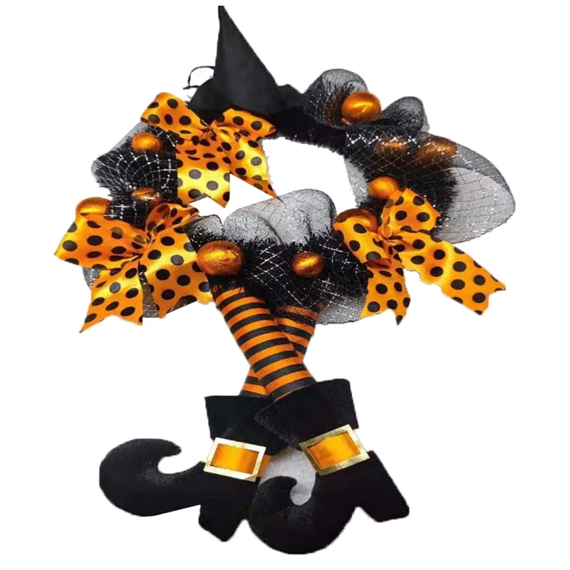 

Halloween Wreaths,Halloween Decorations Witch Hat and Legs Wreath,Front Door Wall Light Up Wreath Ornaments Party Decor