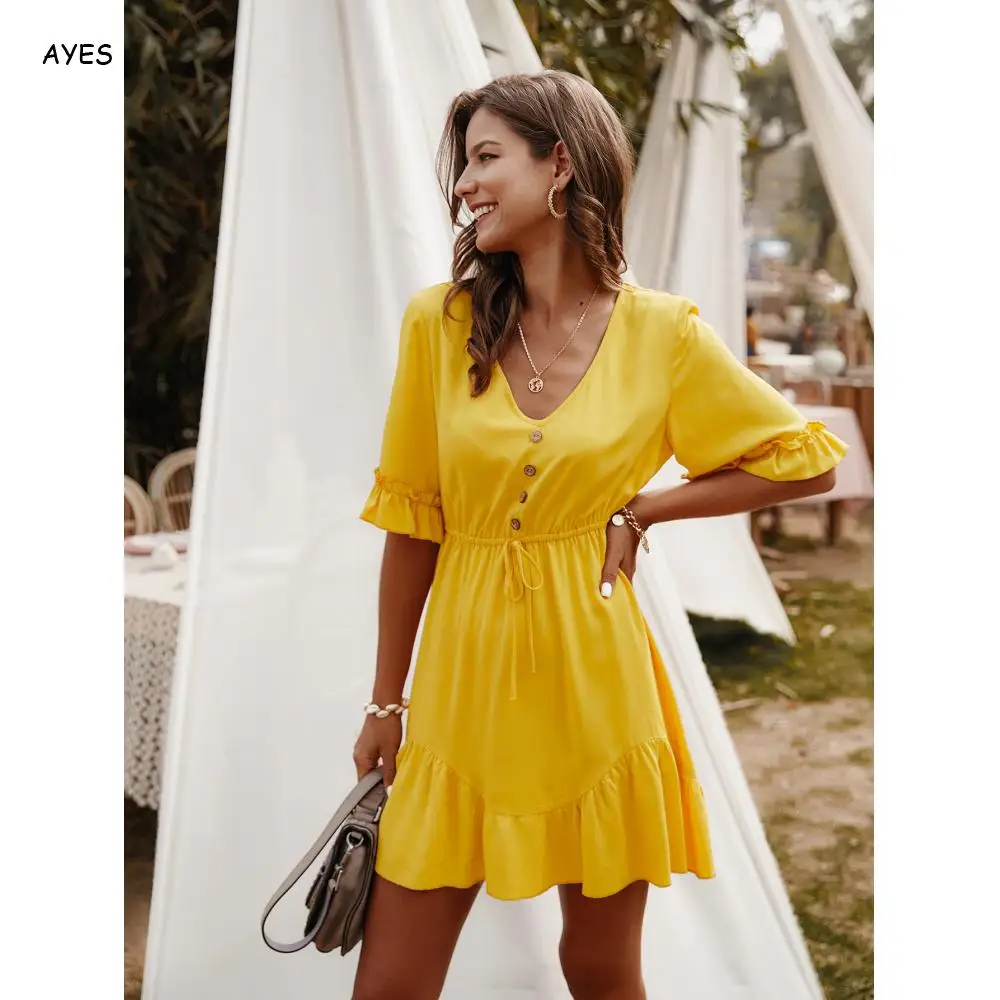 Yellow Sexy Mini Dress Women 2020 Button Drawstring Casual V Neck Ruffles Holiday Party Beach Sundress Retro Vestidos | Женская одежда