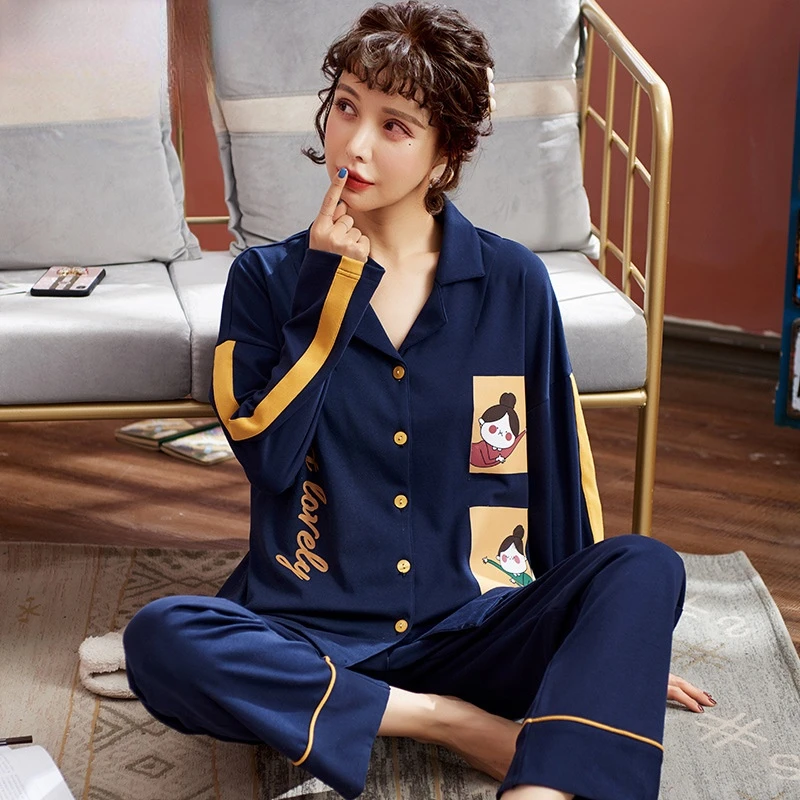 

Повседневная Домашняя одежда, женские пижамные комплекты, хлопковые брюки с длинным рукавом, Свободный кардиган с лацканами, одежда для сна...