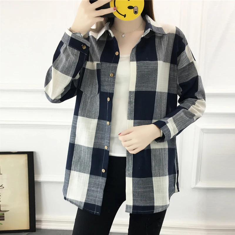 2021 женская блуза с длинным рукавом рубашки в клетку Топы Повседневные модные