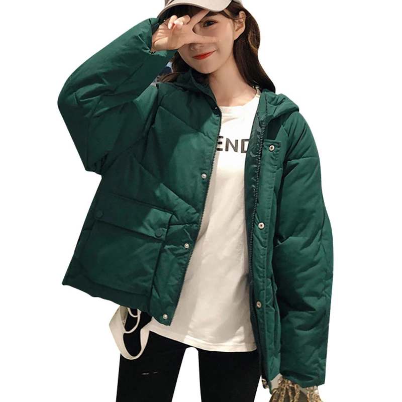 

FTLZZ New Autumn Winter Elegant Lady Korean Style Bread Cotton Coat Casual Women Loose Pocket Hooded Coat
