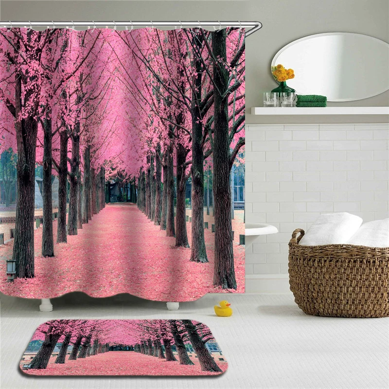 

2pcs/Set Green Forest Trees Scenery Shower Curtains Mat Set Bathroom Waterproof Cloth + Non-slip Mat Toilet Bathroom Home Decor