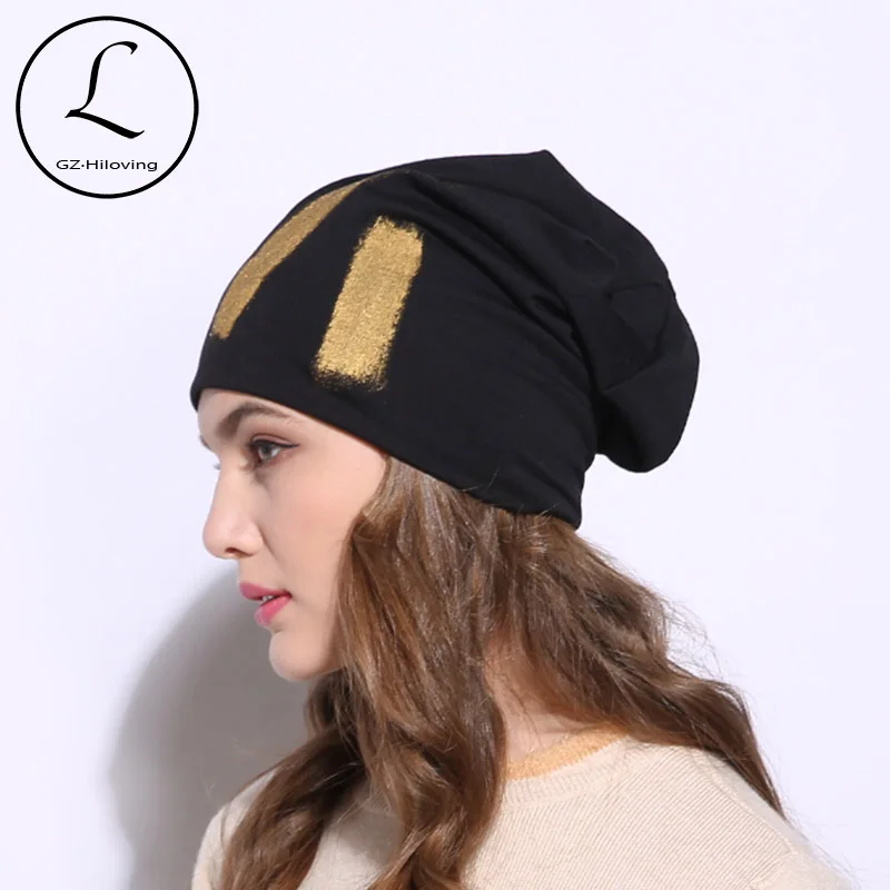 

Women Winter Warm Black Cotton Slouchy Beanies Skullies Hats For Femme Elastic Gold Metallic Skull Hats Gorros Mujer Invierno