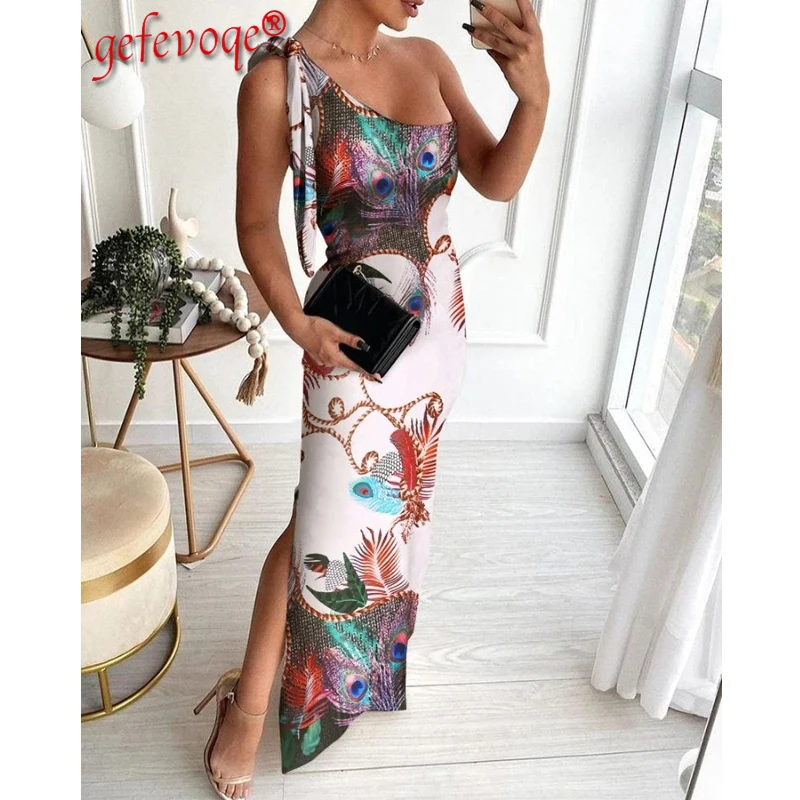 

Sexy Split Off Shoulder Long Dresses Women 2021 Summer Fashion Bodycon Elegant Printed Sundress Sleeveless Party Club Maxi Dress