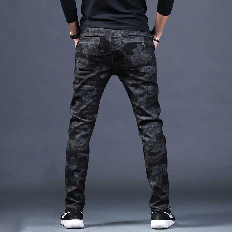Men Jeans Summer Camouflage Black Pants Fashion Slim Fit Stretch Denim Trousers