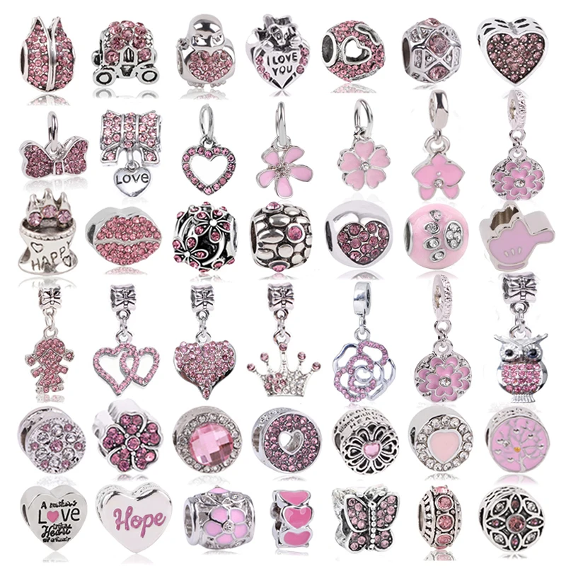 

Boosbiy 2pc New Fashion Pink Hope Charms Beads Fit Brand Bracelets & Necklaces DIY Romantic Heart Jewelry Gift For Women