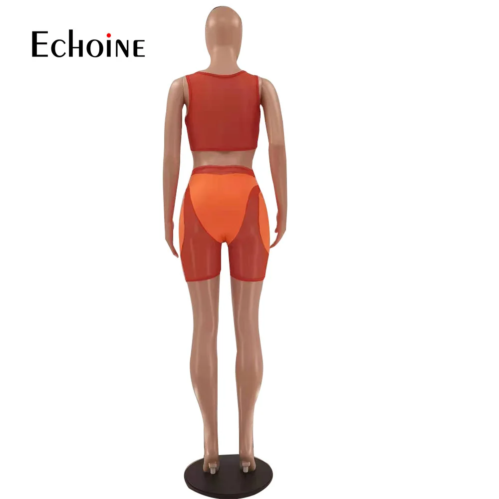

Echoine Women Mesh Stitching Set Tracksuit Tank Tops and Elastic Shorts Summer Two Piece Set Sporty Beachwear Swimsuit Outfits