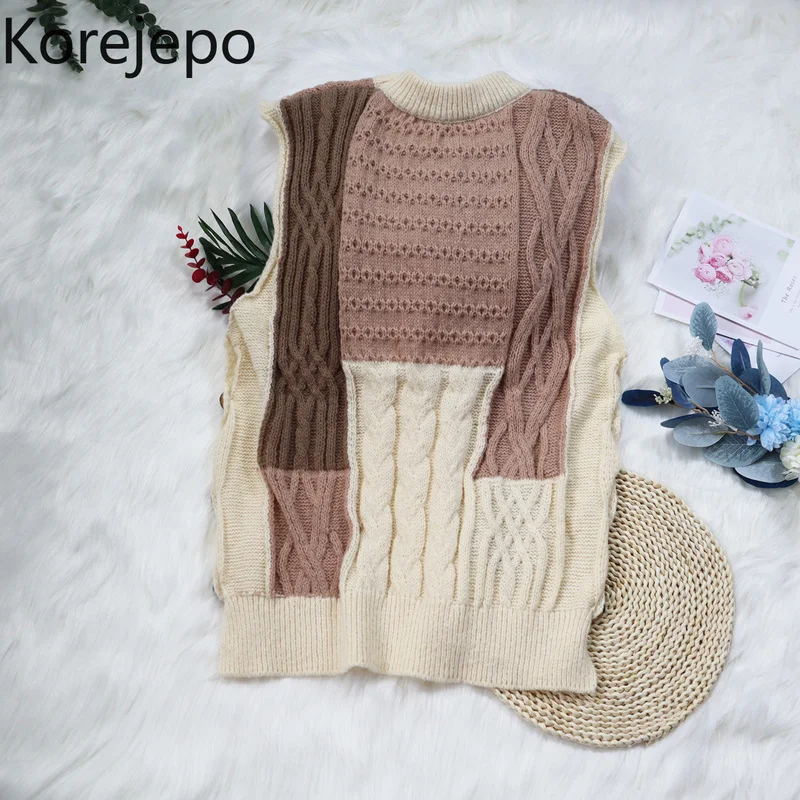 

Korejepo Women Sweater Vest 2021 Autumn and Winter New Korean Version Loose O-neck Sleeveless Stitching Knitted Sweater tops