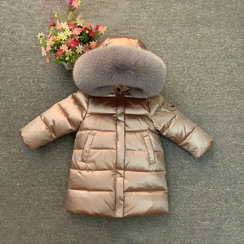 Gray Fox Brown Пальто с меховым капюшоном для девочек, Россия-30 зимняя теплая пуховая куртка детское длинное пальто для маленьких мальчиков ветрозащитная детская одежда Зимний комбинезон - Цвет: Gray Fox Brown