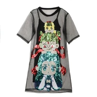 ins chinese style cute cartoon sequins gauze dress women sexy two pieces short sleeve loose long mesh top
