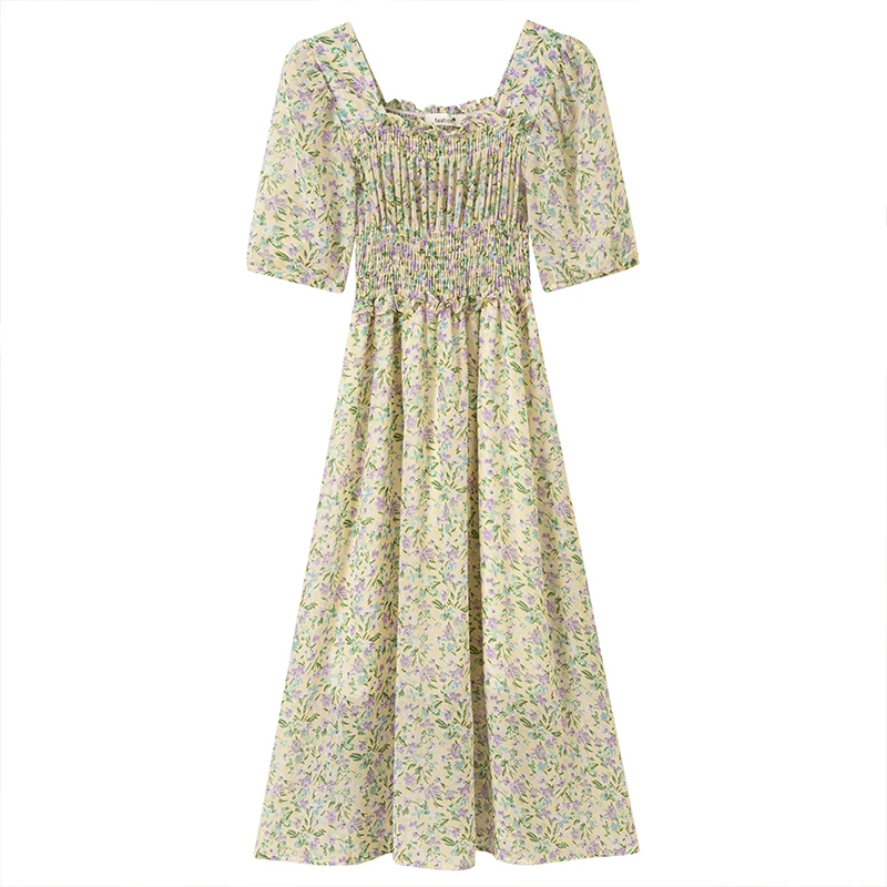 

2021 Summer Fashion Women's Dresses Puff Sleeve Floral Square Neck A-LINE Chiffon Mid-length Dress Flounced Edge Woman Clothing