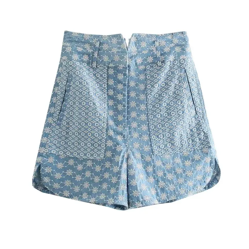 

REUL Za 2021 Summer Women Chic Fashion Side Pockets Embroidery Shorts Vintage High Waist Zipper Fly Female Short Pants Mujer