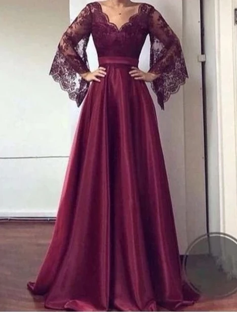 

Lace And Satin Long Sleeves Cap Sleeves V-Neck Sashes Full-Length Women's Dresses mother of the bride dresses robe de soiree