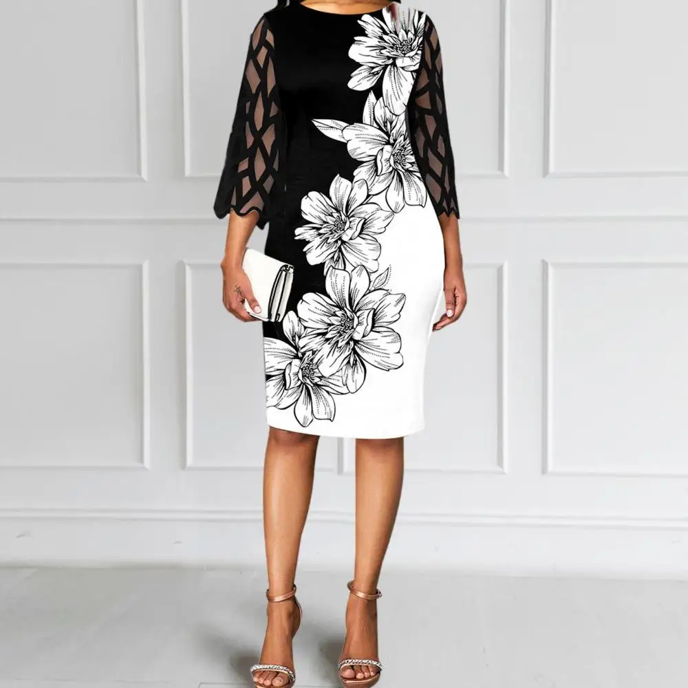 Платье-рубашка средней длины Сетчатое облегающее с цветочным принтом в стиле