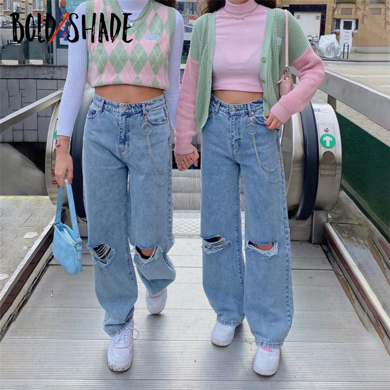 

Bold Shade Skater Style Distressed Jeans Indie Aesthetic Y2k Letter Print Denim Pants Women High Waist Urban Boyfriend Jeans Hot