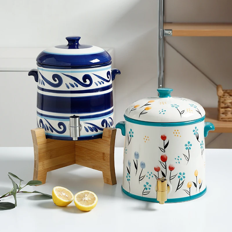 

Nordic Handpainted Ceramic Water Tank Household Large Capacity 5L Water Juice Wine Barrel With Tap Heat Resistant Teapot