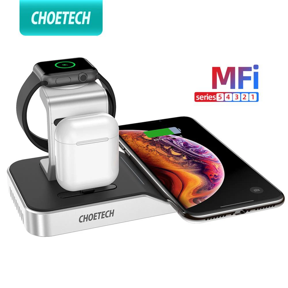 Сертифицированная Беспроводная зарядная док станция CHOETECH 4 в 1 7 5/10 Вт MFi для iPhone
