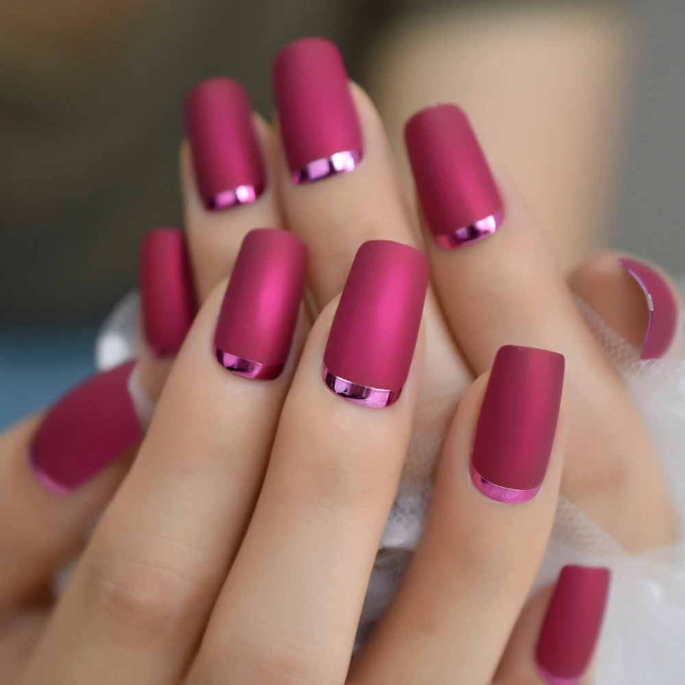 L5231 Матовые квадратные поддельные ногти средней длины французский Moo Nail Серебряный металлик ABS ногти 24 шт - Цвет: L5231