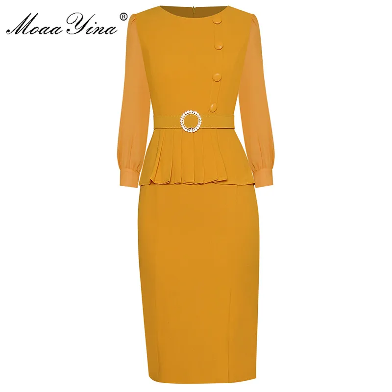 

MoaaYina Fashion Designer dress Spring Women's Dress lace-up Ruched Ruffles Package hip Split Office Lady Dresses