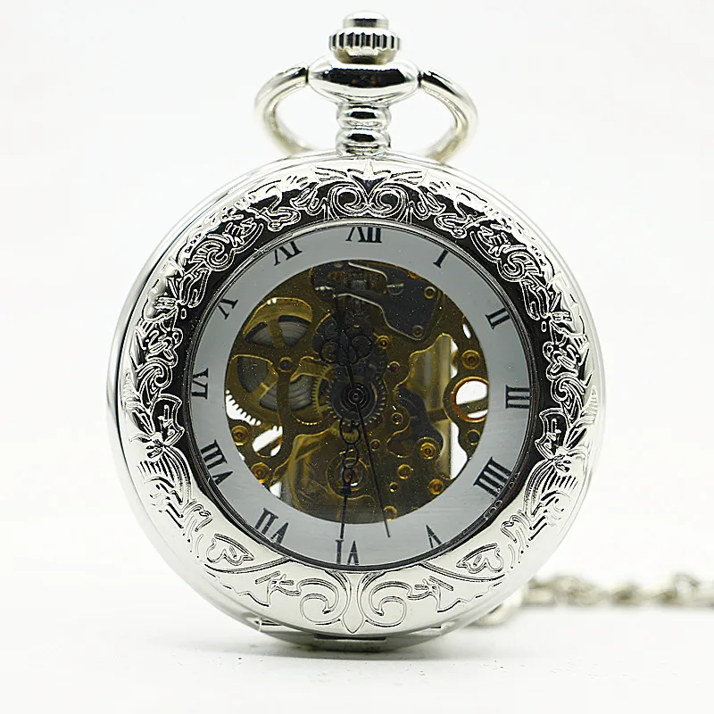 Silver Steampunk Hollow Roman Design Mechanical Pocket Watch Vintage Necklace Pendant Accessories Gift Men Fob Chain Watch