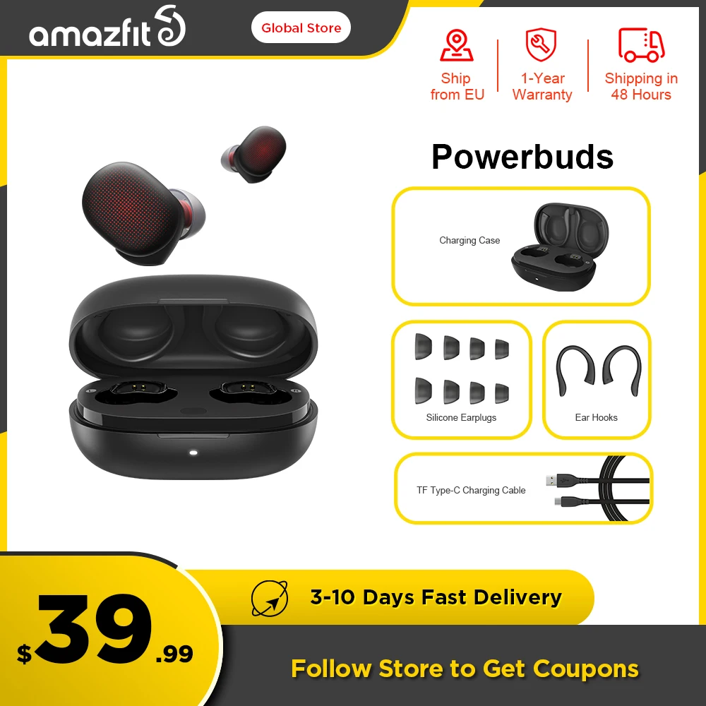  Беспроводные наушники-вкладыши Amazfit PowerBuds, TWS наушники IP55 с монитором сердечного ритма, Bluetooth, совместимы с телефонами iOS и Android 