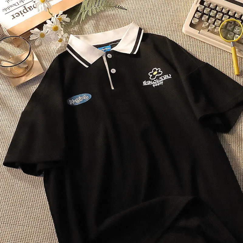 Женская хлопковая Футболка-поло с милым принтом летняя розовая свободная в стиле