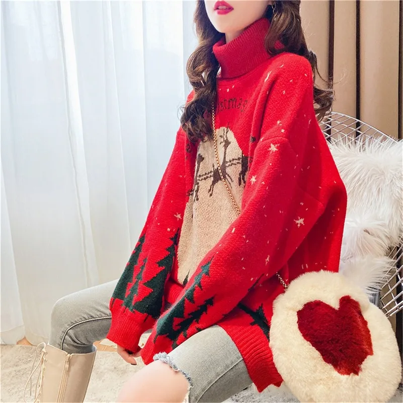 

Red Christmas Fawn Sweater Female Turtleneck Autumn and Winter Wild Loose Knit Sweater Lazy Wind Outer Sweater Women Trend