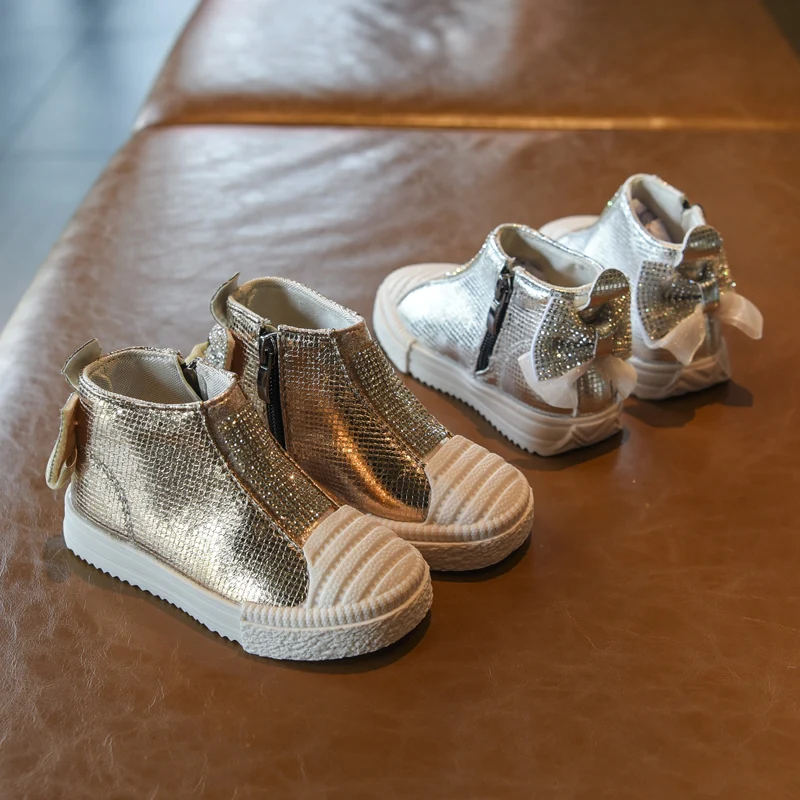 Bakkotie 2019 Baby Autumn Girls Sparkling Casual Shoes Kids Fashion Bowtie Breathable High Sneakers Toddler Silver Sports |