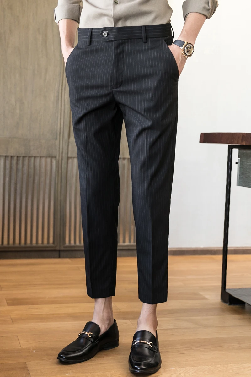 

Spring Striped Mens Dress Pants Casual Slim Fit Formal Business Suit Pants For Men Wedding Social Trousers Costume Homme 28-36
