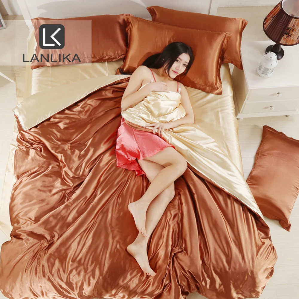 Lanlika роскошный кофейный светло-желтый Шелковый атласный комплект постельного