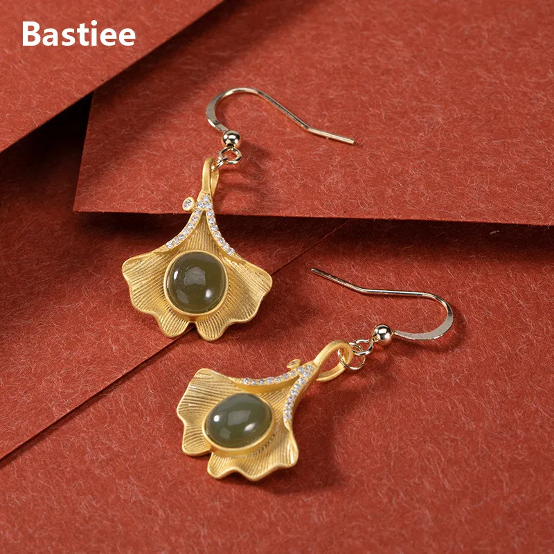 Bastiee Ginkgo Leaf Gold Plated Jade Drop Earrings Silver 925 Jewelry Gifts For Women Zircon Earings