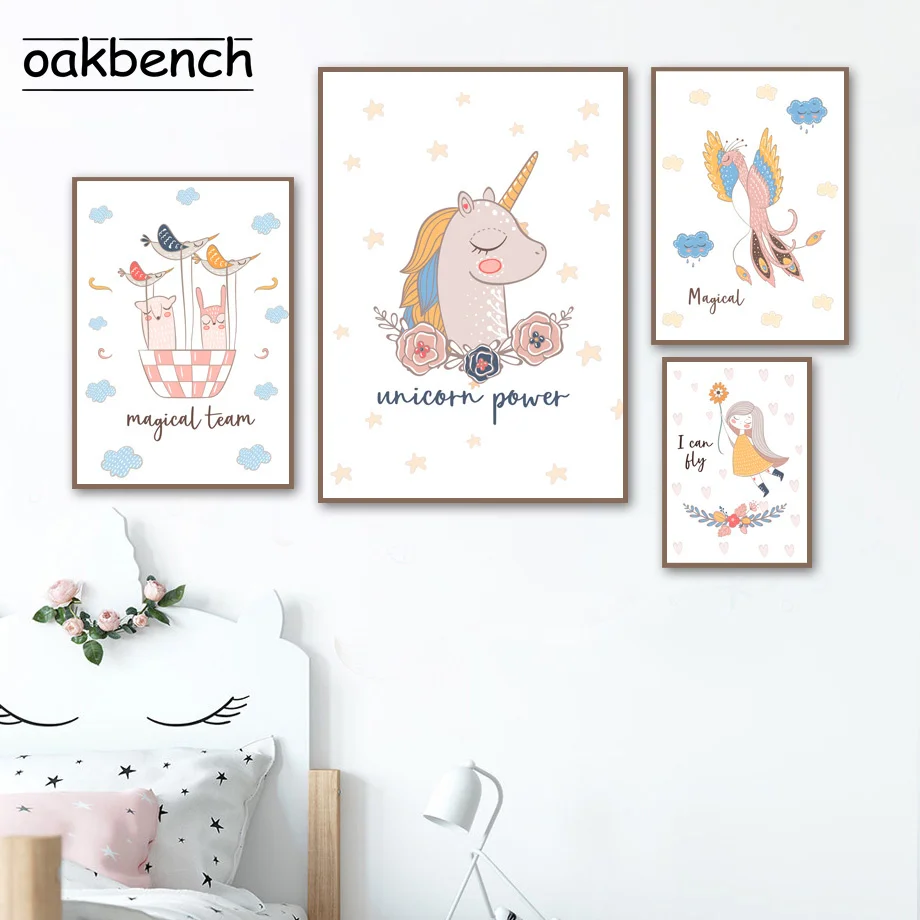 Рождественская Картина на холсте для девочек единорог цветок плакаты животные