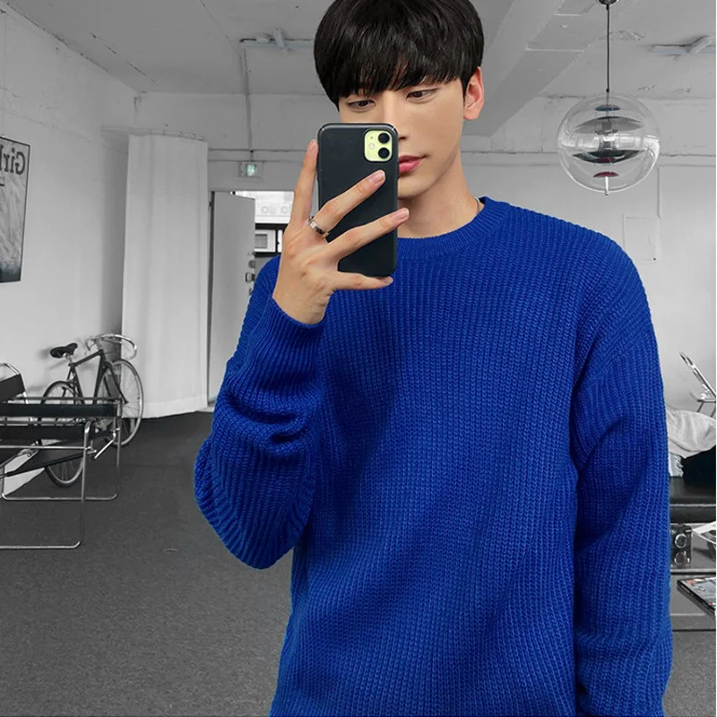 

Осенне-зимний утепленный вязаный пуловер, новинка 2021, свободный винтажный Корейский мужской свитер с круглым вырезом и длинным рукавом, шик...