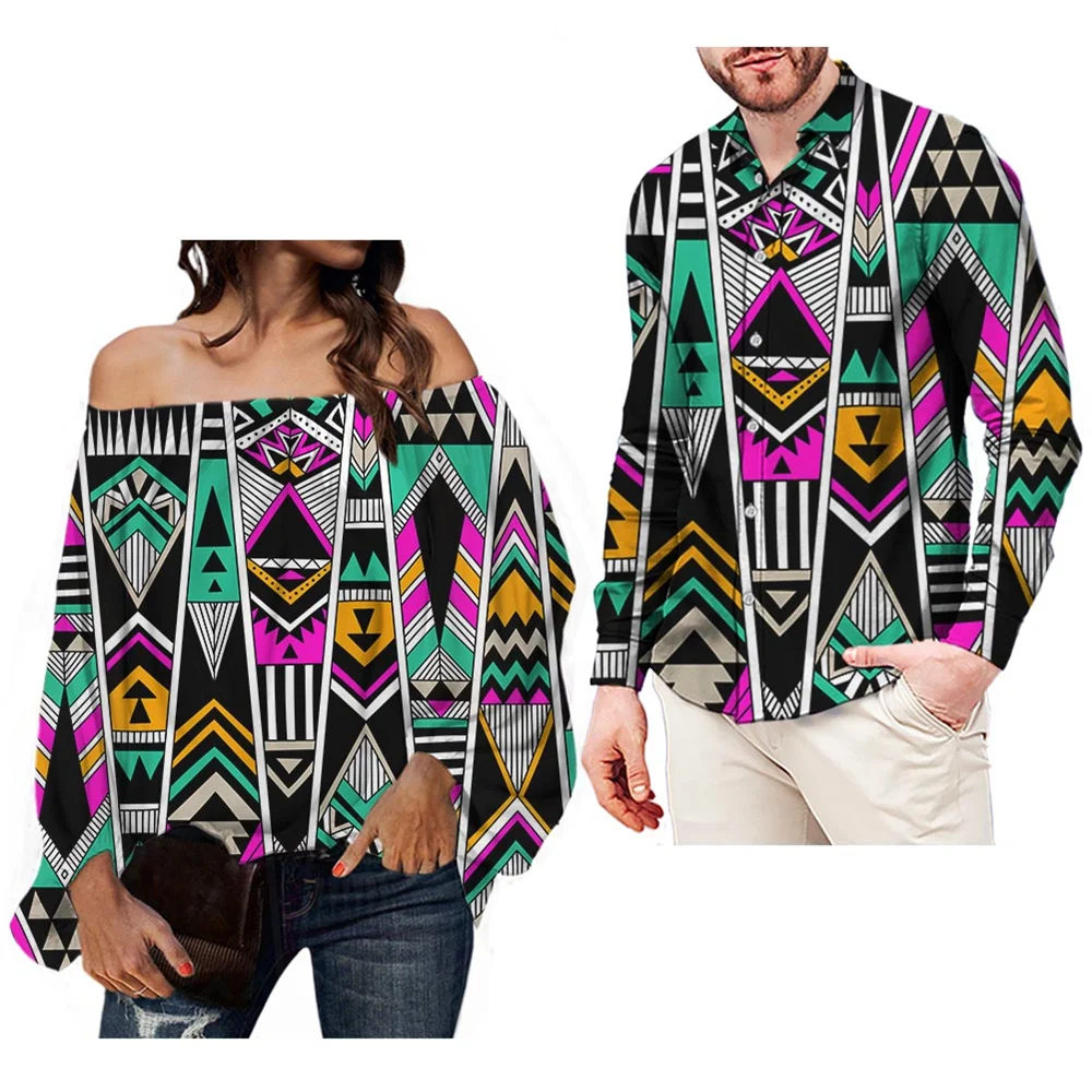 

Aztec Pattern Womens Off The Shoulder Elastic Tops Elegant Shirt Casual Loose Chiffon Long Sleeve Crop Top Blouse Couple 2Set