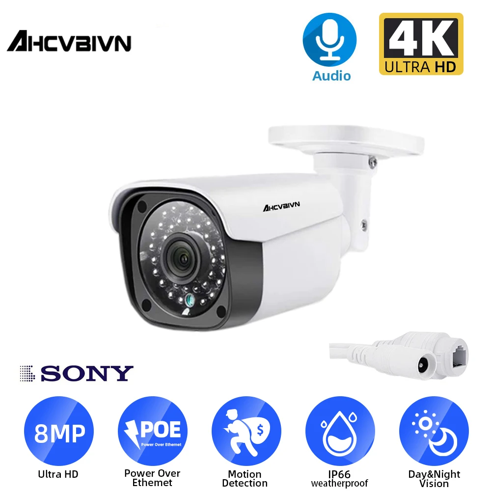 

AHCVBIVN 4K 8MP Bullet Outdoor Security Camera POE H.265 CCTV Weatherproof IP Camera Built In Microphone IP66 IR 40m P2P