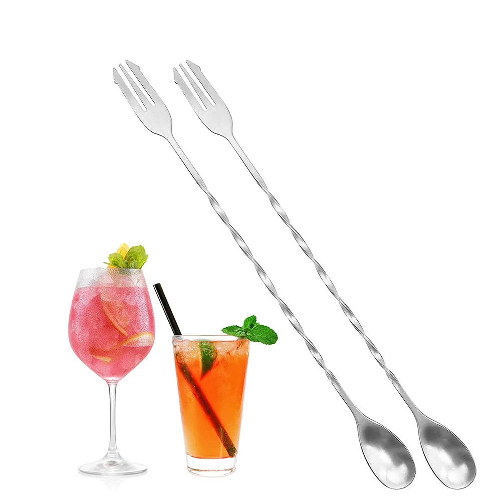 30cm Stainless Steel Double-headed Fork Spoon Long Handle Bar Tool Adjusting Bar Spoon Juice Drink Metal Stirring Spoon