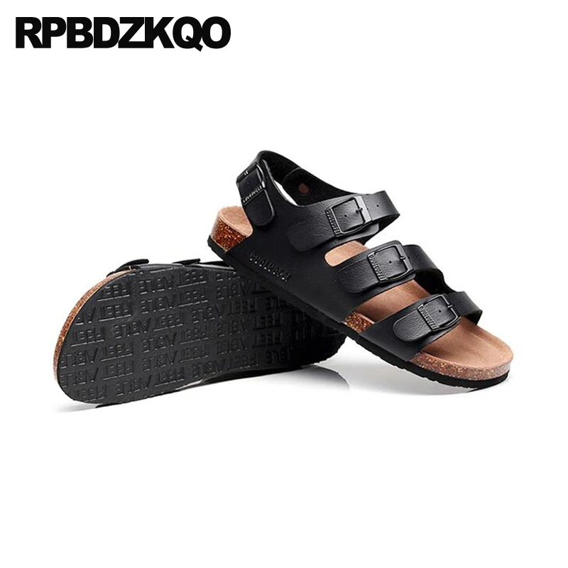 Мужские сандалии гладиаторы на пробковой подошве черные кожаные